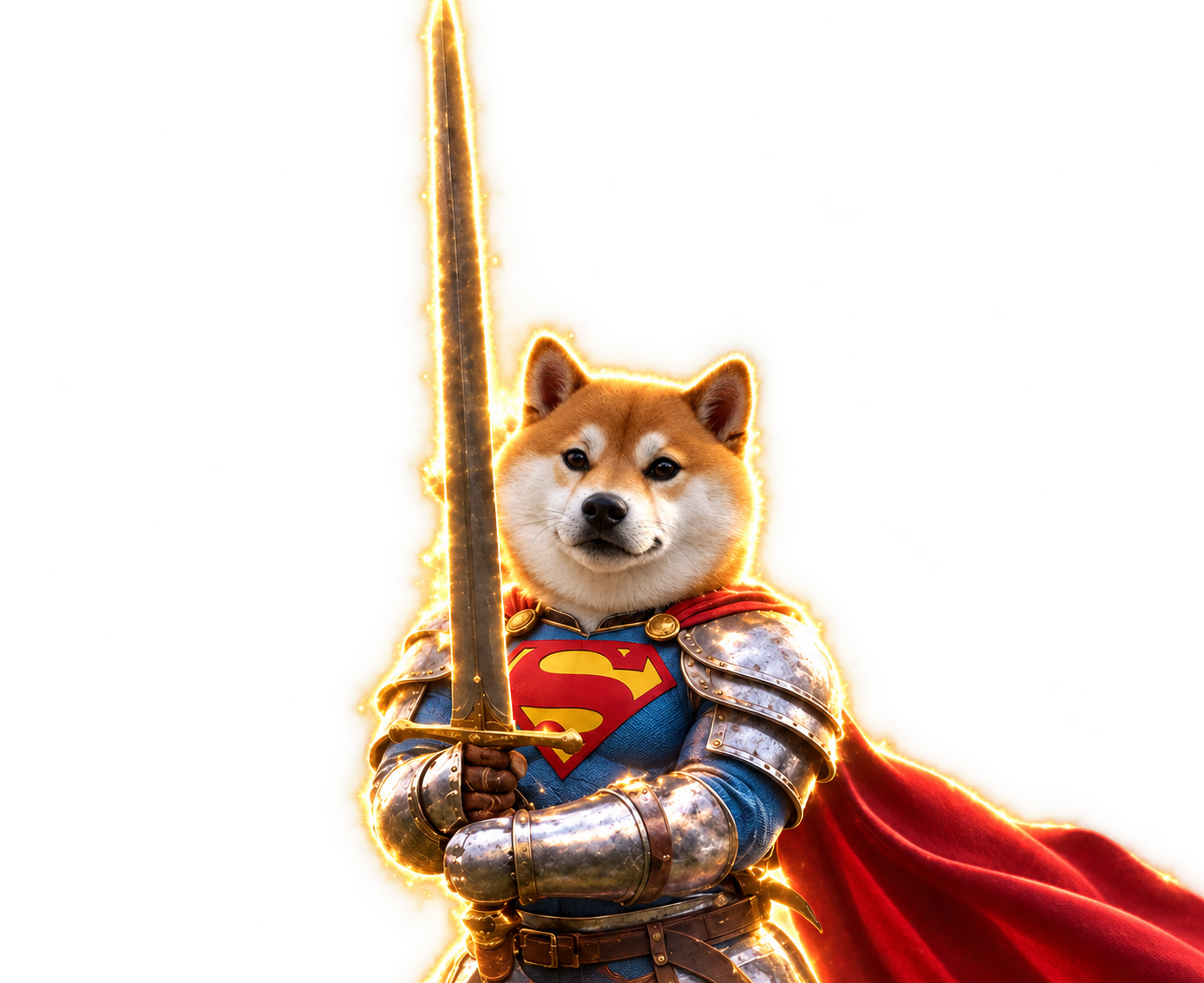 A heroic Shiba Inu in silver armor and a red cape, holding a glowing golden sword